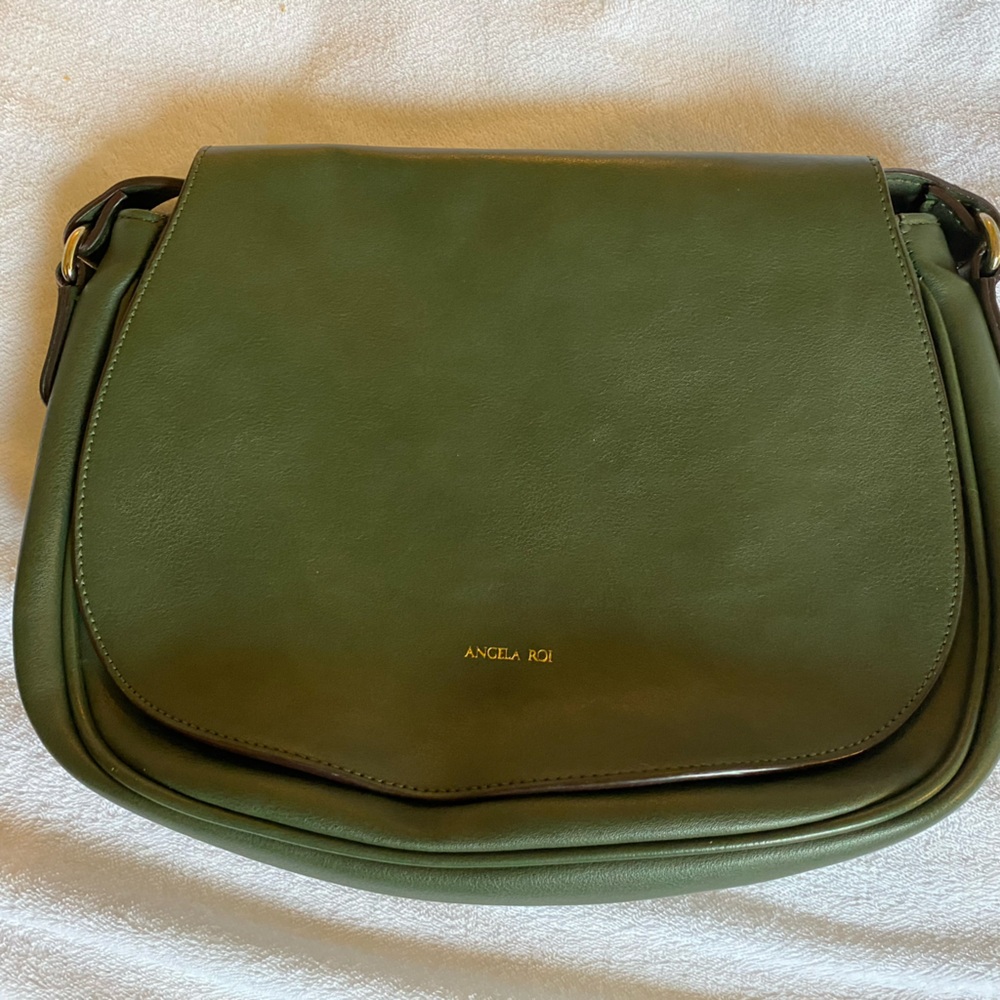 Angela Roi Green Florence Saddle Crossbody Bag, Vegan Leather